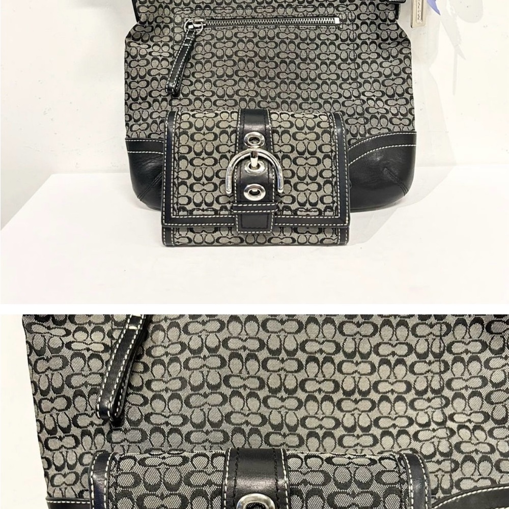 Coach Gray-Black Jaquard Handbag + Wallet